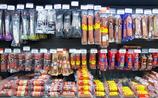 Kaliningrad, Russia - January 31, 2021: Sausage on supermarket shelves.