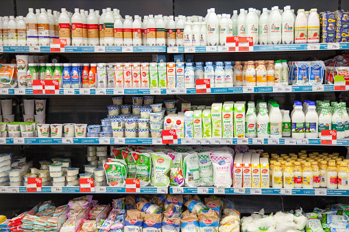 Kaliningrad, Russia - January 31, 2021: Milk products on shelves of supermarket.