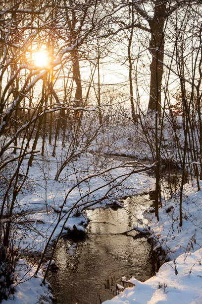 istock Sunset over countryside river in a snow, Poland, Lower Silesia 1299861806