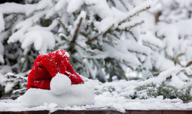 istock Santa Claus hat in a snow on wooden table next to pine tree 1299861845