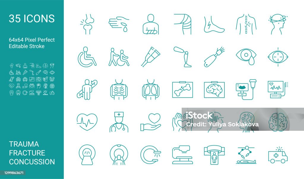 Seperangkat ikon trauma, patah tulang, gegar otak. Stroke vektor yang dapat diedit. 64x64 Pixel Sempurna. - Bebas Royalti Ikon - Simbol ortografis vektor stok Seperangkat ikon trauma, patah tulang, gegar otak. Stroke vektor yang dapat diedit. 64x64 Pixel Sempurna. - Bebas Royalti Ikon - Simbol ortografis vektor stok