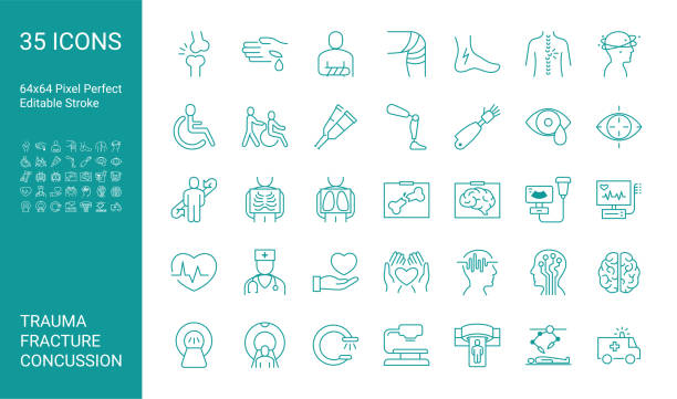 ilustrações de stock, clip art, desenhos animados e ícones de set of icons of trauma, fracture, concussion. editable vector stroke. 64x64 pixel perfect. - dorso humano