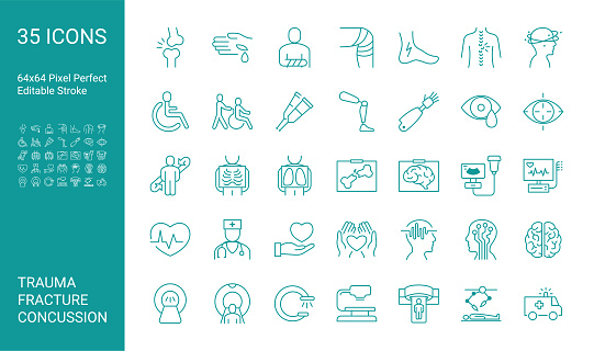 Set of icons of trauma, fracture, concussion. Editable vector stroke. 64x64 Pixel Perfect.