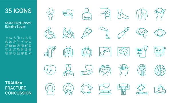 Set of icons of trauma, fracture, concussion. Editable vector stroke. 64x64 Pixel Perfect. Set of icons of trauma, fracture, concussion. Editable vector stroke. 64x64 Pixel Perfect. limb body part stock illustrations