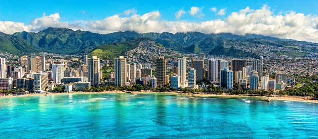 Aerial view of the beautiful area of Waikiki beach in the city of Honolulu along the Pacific Ocean on the island of Oahu in the state of Hawaii, USA.