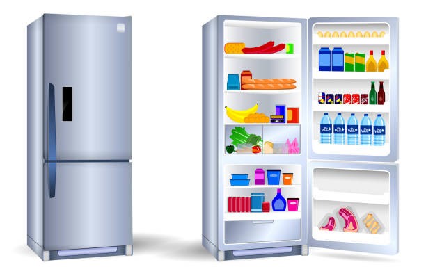 istock set of realistic refrigerator with one door or open refrigerator with two doors full of food vegetable meat fish or fridge refrigerator mockup. eps 10 vector, easy to modify 1299864668