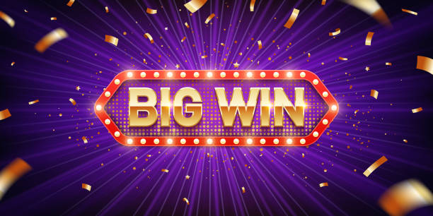 Big Win Banner Big win. Retro big win congratulation banner with glowing light bulbs and golden confetti on a burst purple background. Winners of poker, jackpot, roulette, cards or lottery. jackpot winner stock illustrations