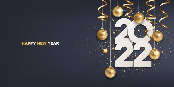 Happy New Year 2022 Happy new year 2022. White paper numbers with golden Christmas decoration and confetti on  dark blue background. Holiday greeting card design. new years eve stock illustrations