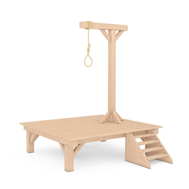 istock Wooden Gallows with Hanging Noose Rope Tied Knot. 3d Rendering 1299872226