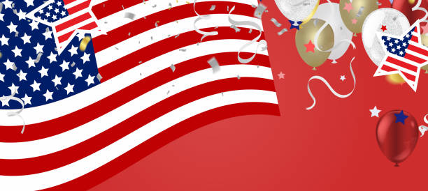 istock USA flag with party banner with Balloons background for 4 july independence day 1299874888