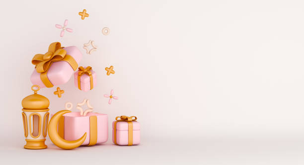 istock Islamic decoration background with lantern and crescent gift box cartoon style, ramadan kareem, mawlid, iftar, isra miraj, eid al fitr adha, muharram, copy space text area, 3D illustration. 1299881117