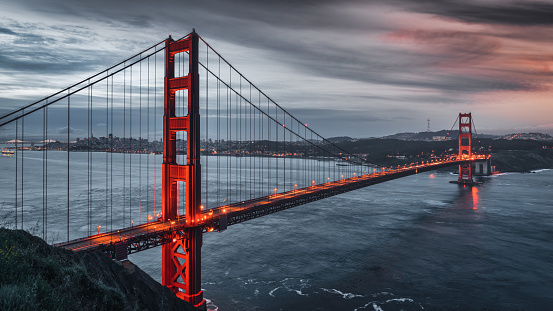 San Francisco Golden Gate Bridge Sunrise Panorama. Beautiful iconic Golden Gate Bridge at early morning sunrise twilight. Long Time Exposure, Panorama Shot. Golden Gate Bridge, San Francisco, California, USA, North America.