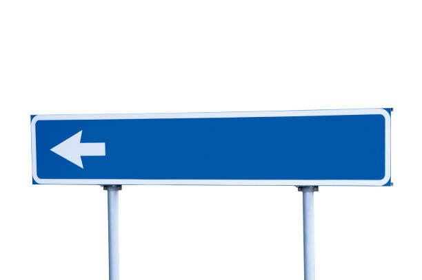 istock Blue Blank Empty Destination Road Sign, White Arrow And Frame, Large Detailed Isolated Roadside Traffic Signage, Copy Space Background, Large Detailed Closeup, Left Hand Direction Pointer, Grey Pole Posts 1299887206