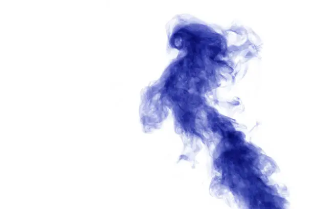 Photo of Curly smoke, smog, looks like a blue bird on a white background, copy space, close-up. Inverted frame