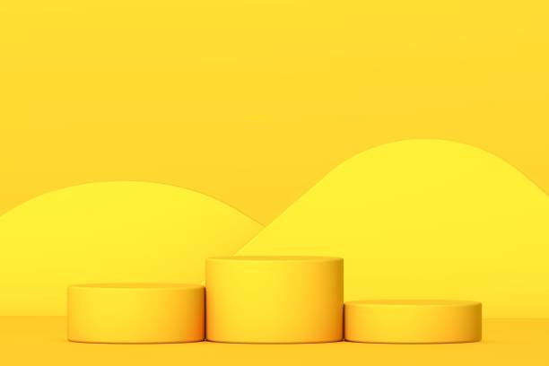 istock Yellow podium and minimal abstract background, 3d rendering geometric shape, Stage for awards on website in modern. Empty product stand. 1299892239