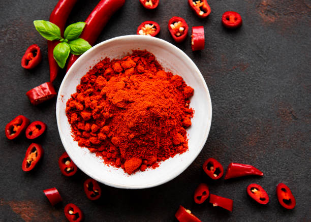 red chili pepper, dried chillies on dark background. top view - paprika imagens e fotografias de stock