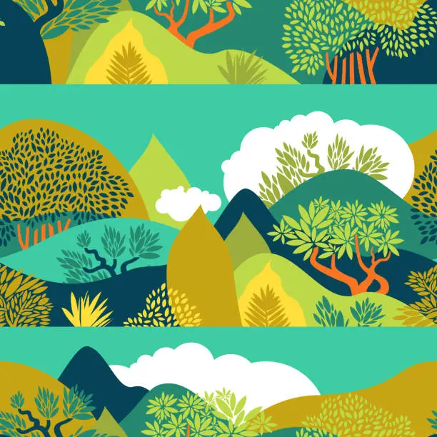 Vector illustration of Seamless pattern with hilly landscape, trees, bushes and plants. Growing plants and gardening. Protection and preservation of the environment. Earth Day. Park, exterior space, outdoor. Vector illustration.