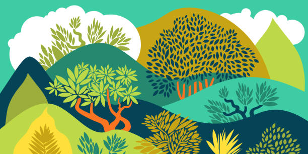 나무, 덤불, 식물이 있는 구릉지대. 성장하는 식물과 원예. 환경 보호 및 보존. 지구의 날. 공원, 외부 공간, 야외. 벡터 그림입니다. - food hill landscape farm stock illustrations