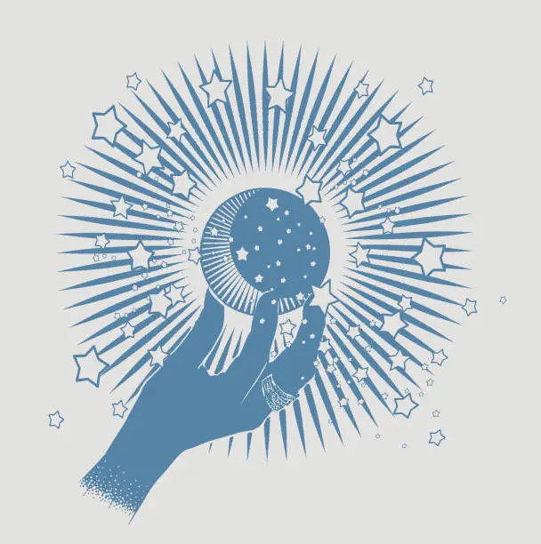 Vector illustration of Hand holding moon with stars and sunbeams