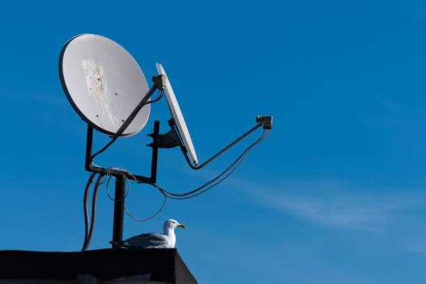 satellitenschüsseln auf dem dach, blauer himmel - television aerial roof antenna city stock-fotos und bilder