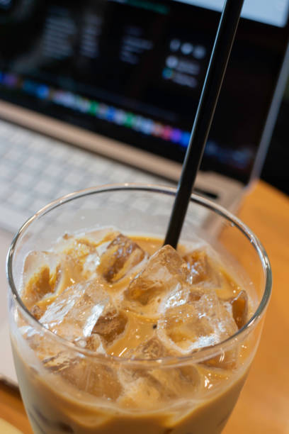 Iced milk coffee drink for easy breakfast freelancer