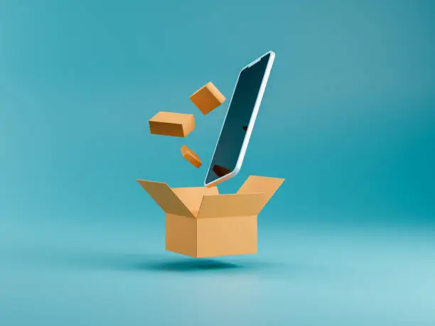 Photo of smartphone with box and small delivery packages on blue background. m-commerce concept. online shopping from phone. package delivery. 3d renders
