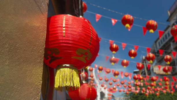 istock Chinese new year lanterns in china town area. 1299899596