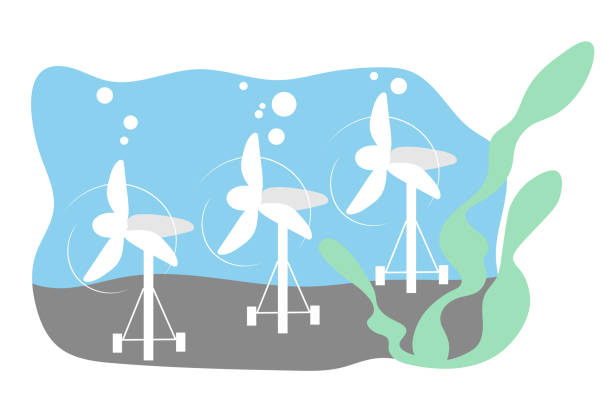 istock Tidal turbine on seabed. Ecological energy plant in ocean. Alternative hydropower concept. Flat style. 1299899684