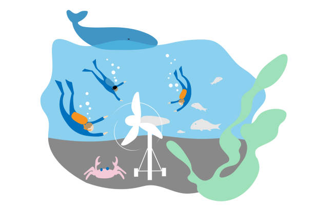 istock Tidal turbine on seabed, scuba divers and whale. Ecological environment concept. Alternative energy plant in ocean. Flat style. 1299899690