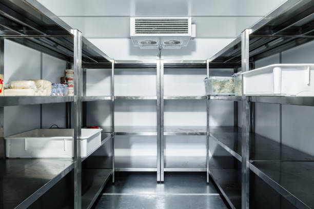 istock Refrigerator chamber with steel shelves in a restaurant 1299901821