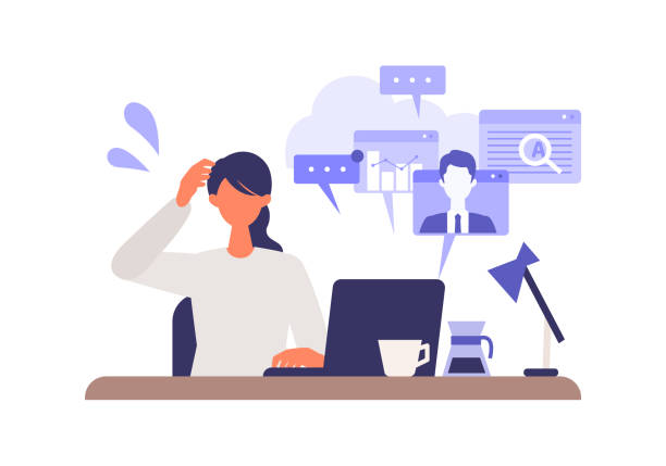 pengusaha multitasking bekerja di komputer. - gangguan kesal ilustrasi stok