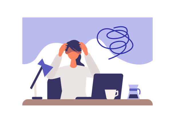 Businesswoman suffering from his depression at home office. Clinical Depression concept. Businesswoman suffering from his depression at home office. Clinical Depression concept. Vector illustration of people became depressed from overwork. stuck in room stock illustrations