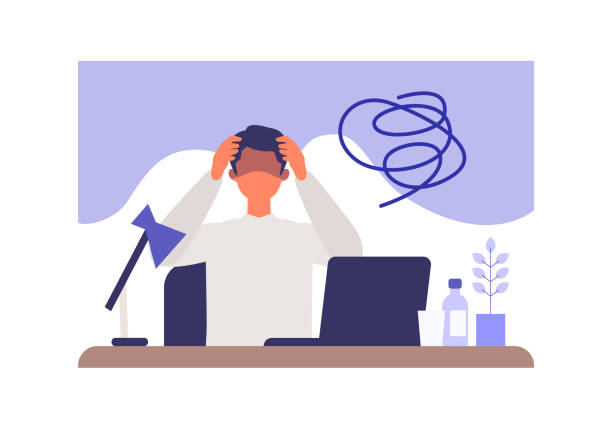 Businessman suffering from his depression at home office. Businessman suffering from his depression at home office. Clinical Depression concept. Vector illustration of people became depressed from overwork. stuck in room stock illustrations