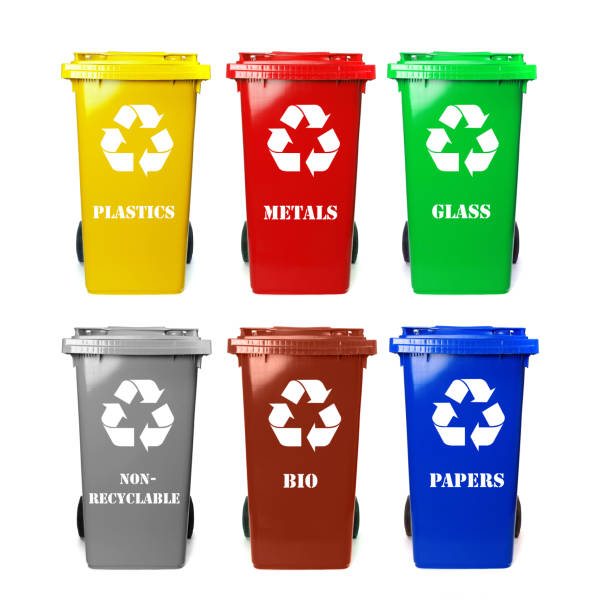 istock Six colorful recycle bins on white 1299903031