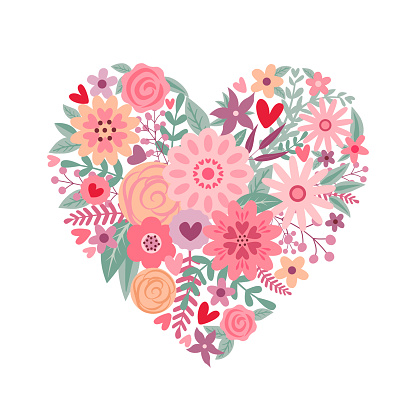Heart of flowers. Flat style. Vector illustration.