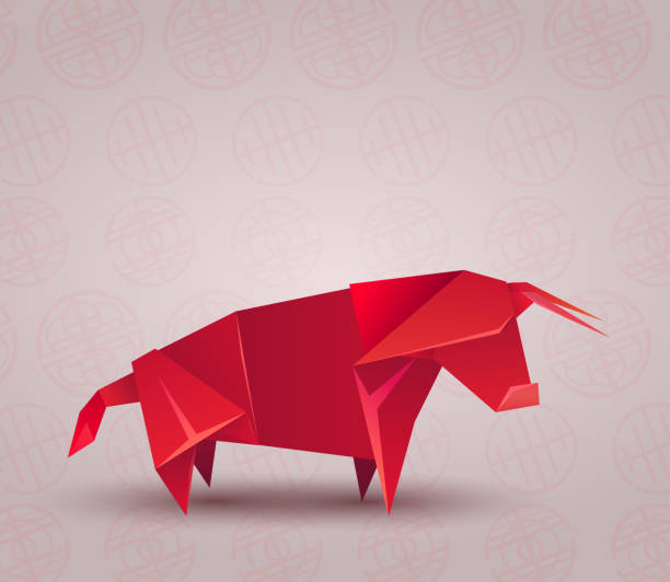 중국 배경에 종이로 만든 붉은 종이 접기 황소. 동방신기의 상징. 가축의 다각형 그림. 강한 동물. 벡터 오브젝트 - bull horned bullfight toy stock illustrations