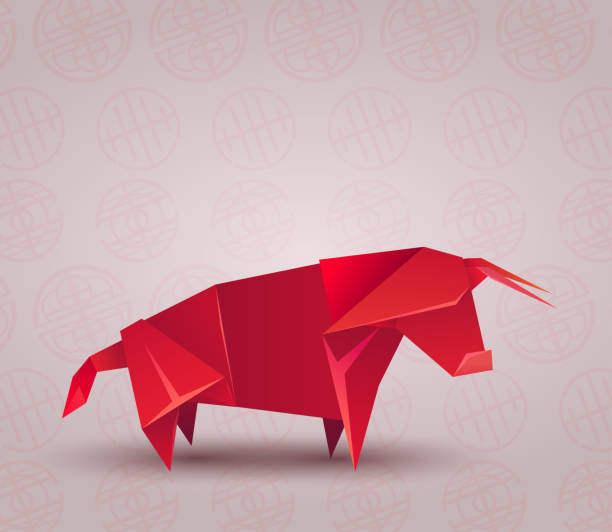 ilustrações, clipart, desenhos animados e ícones de touro de origami vermelho feito de papel em fundo chinês. o símbolo do ano novo oriental. figura poligonal do gado. animal forte. objeto vetorial - bull horned bullfight toy