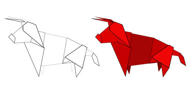 ilustrações, clipart, desenhos animados e ícones de conjunto de origami vermelho e touros de contorno feitos de papel. o símbolo do ano novo oriental. figura poligonal do gado. animal forte. objeto vetorial - bull horned bullfight toy