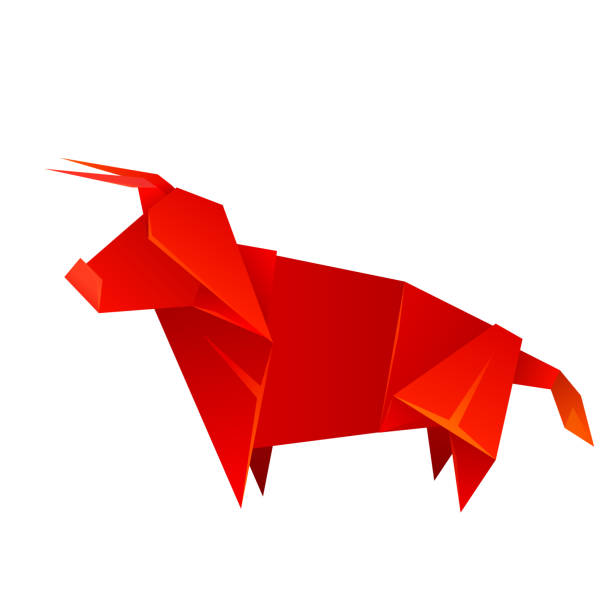 종이로 만든 붉은 종이 접기 황소. 동방신기의 상징. 가축의 다각형 그림. 강한 동물. 벡터 오브젝트 - bull horned bullfight toy stock illustrations