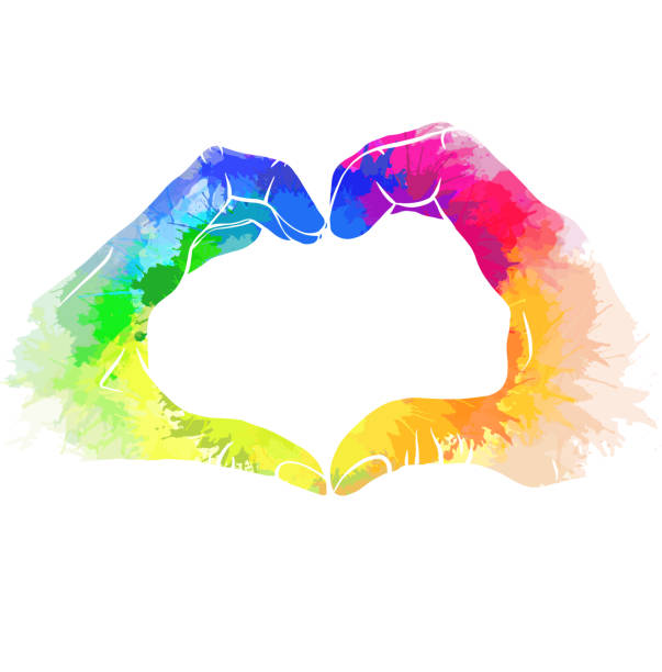 silhouette paar menschliche hände mit regenbogen aquarell spritzer. grußkarte liebe des gleichen geschlechts paares zum valentinstag. stolz und freiheit in gefühlen. lgbt-paare. - blob heart shape romance love stock-grafiken, -clipart, -cartoons und -symbole