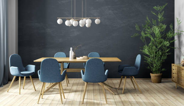 istock Interior design of modern dining room, wooden table and blue chairs 3d rendering 1299904044