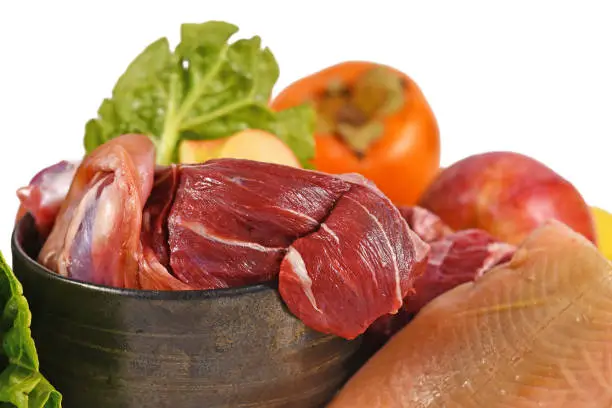 Close up of dog bowl with mixture of biologically appropriate raw food containing meat chunks, fish, fruits and vegetables isolated on white background