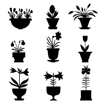 Vector illustrations of silhouette flowers icon set