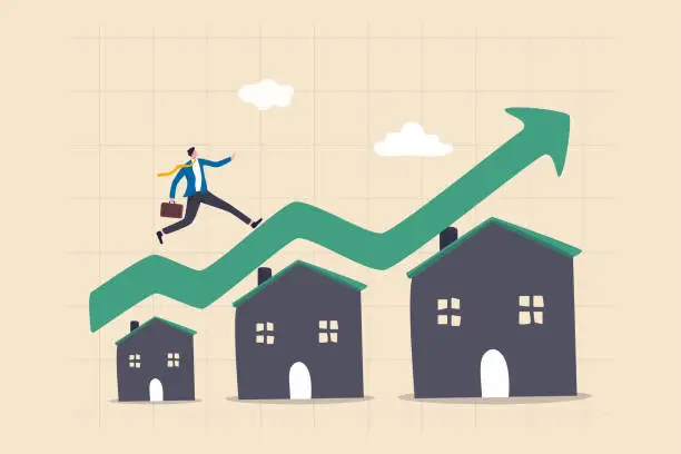 Vector illustration of Housing price rising up, real estate or property growth concept, businessman running on rising green graph on house roof.