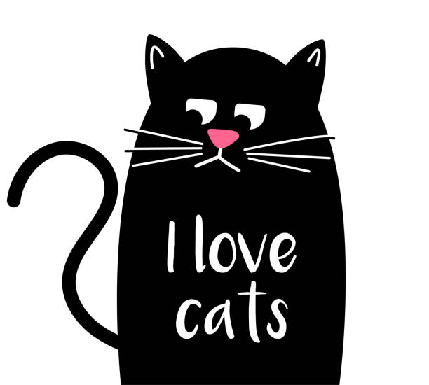 텍스트와 사려 깊은 귀여운 고양이. 저는 고양이를 사랑합니다. 가와이이 검은 고양이. 벡터 만화 - sadness domestic cat black pensive stock illustrations