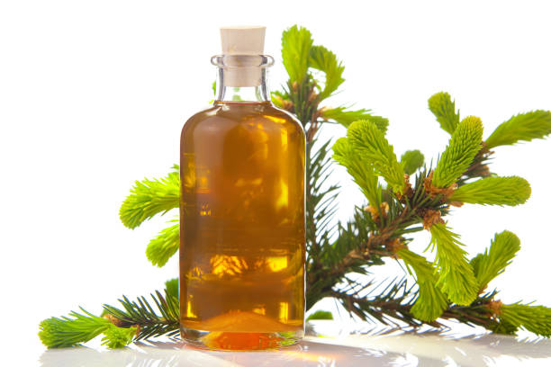 Essence of pine on a table in a beautiful glass jar