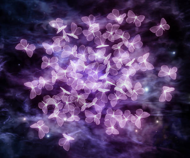 istock Flock of violet neon polygonal butterflies. Wireframe technology structure. 3d illustration 1299915925