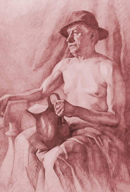 illustrations, cliparts, dessins animés et icônes de dessin de crayon d’illustration d’un homme avec le cheveu gris dans un chapeau et une cruche d’eau dans sa main sur un fond brun foncé dans des tons sépia - model70