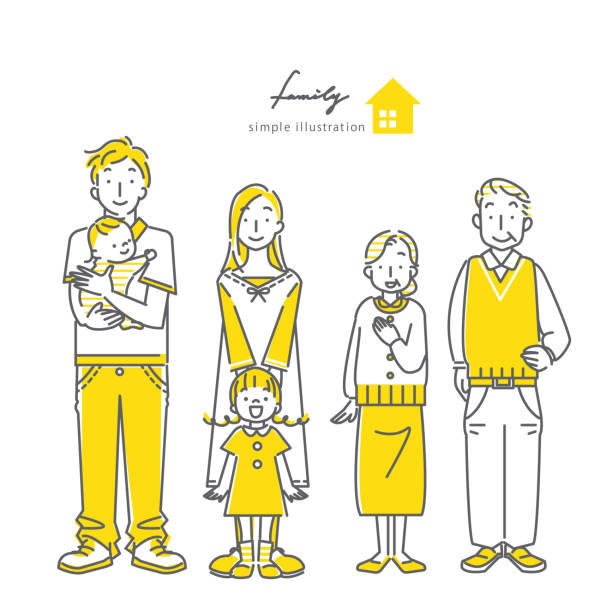 심플한 라인 아트 일러스트레이션, 귀여운 가족 - two generation family illustrations stock illustrations