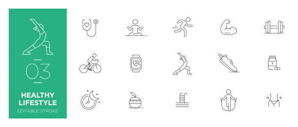 zestaw ikon linii zdrowego stylu życia - nowoczesne ikony - breathing exercise jogging exercising relaxation exercise stock illustrations